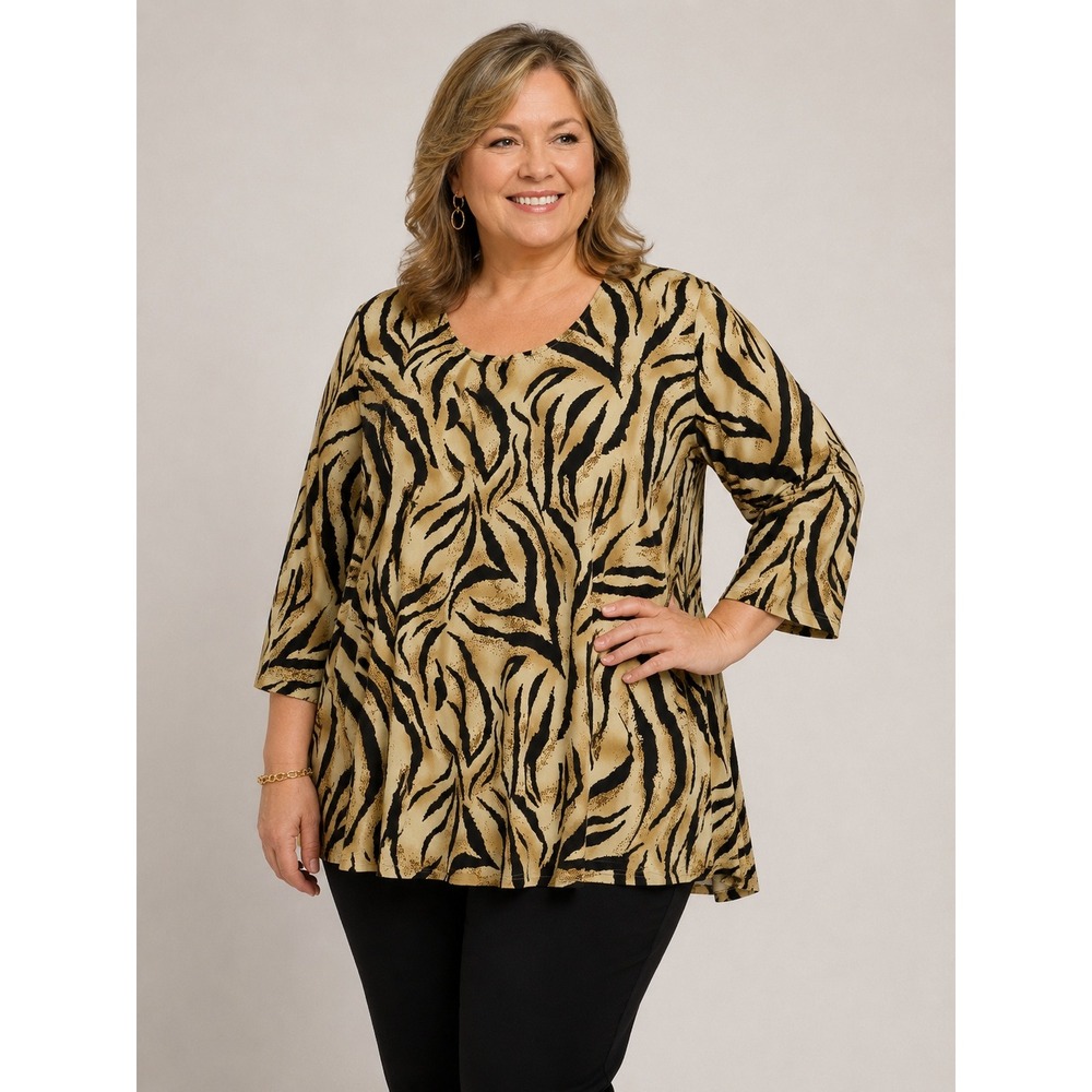 Susan Graver Liquid Knit Tiger Print Swing Top 2X Tan 3/4 Sleeve Scoop Neck